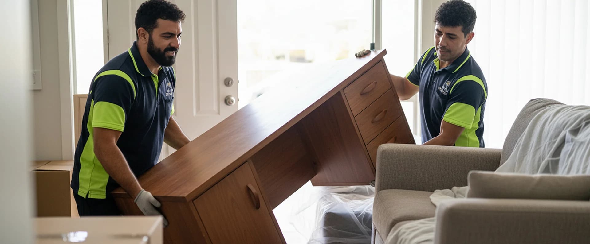 Removalist transporting wrapped furniture safely