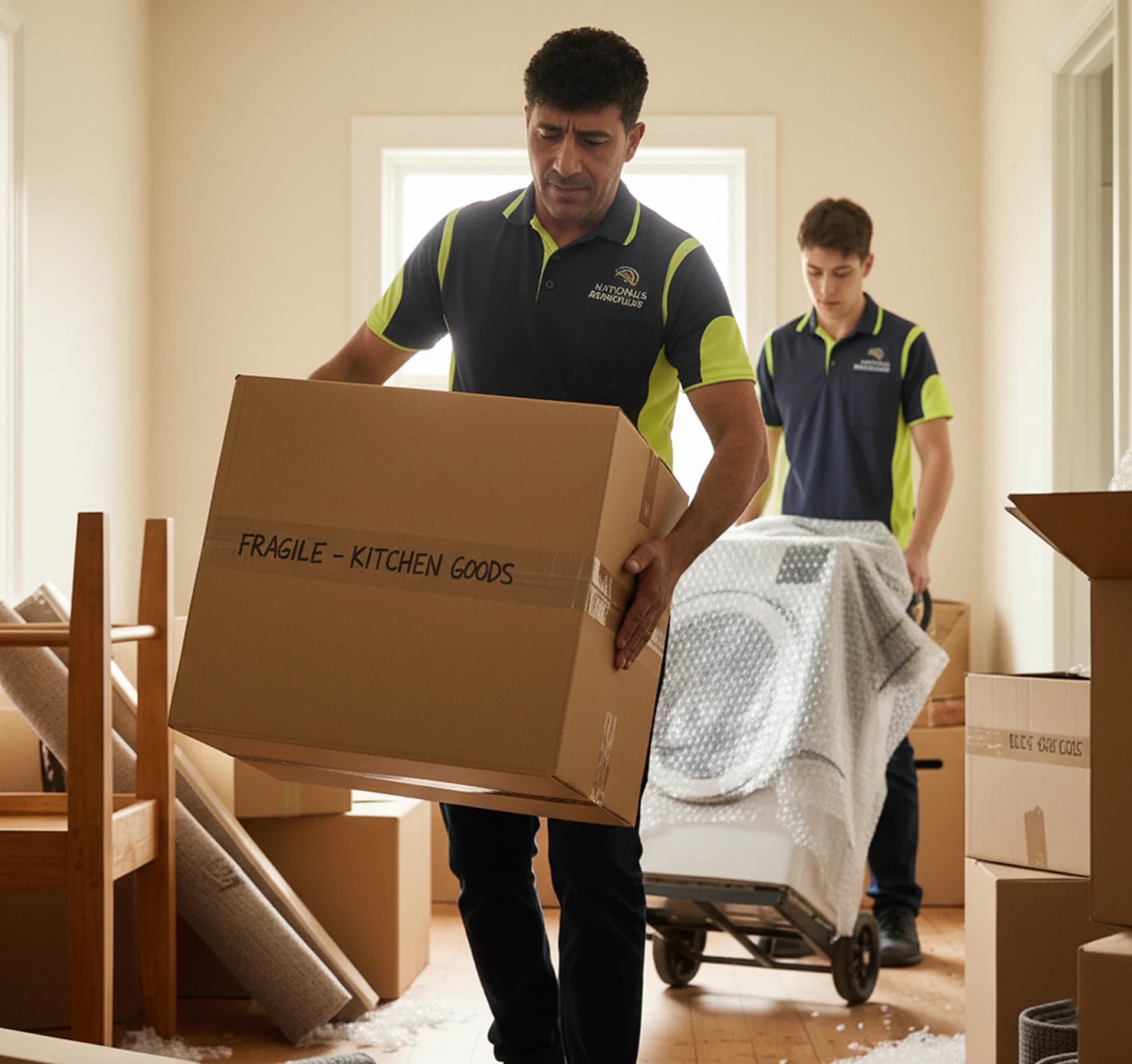 Removalists carefully moving furniture through a narrow accessway